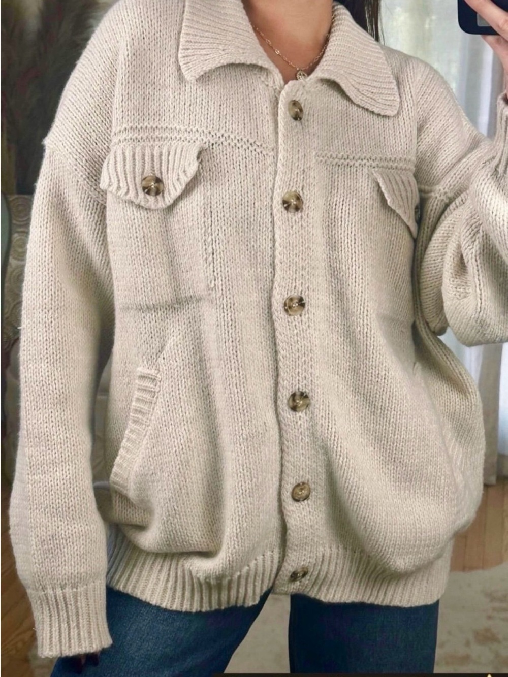Le Lis Cream Button Knit Sweater Jacket large